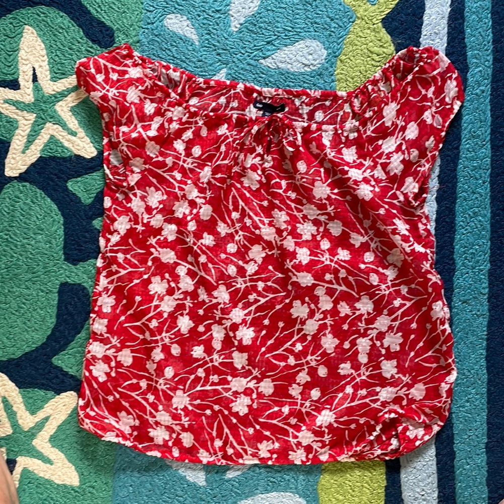 Red and white sheer blouse